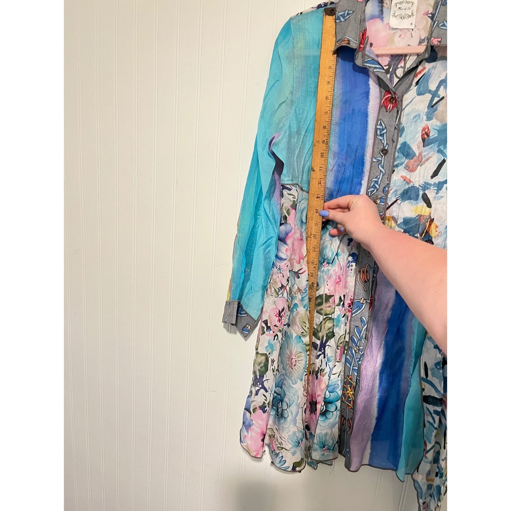 Fleur de Lis Tunic Top Womens Small Blue Floral Patchwork Art to Wear - Picture 3 of 8